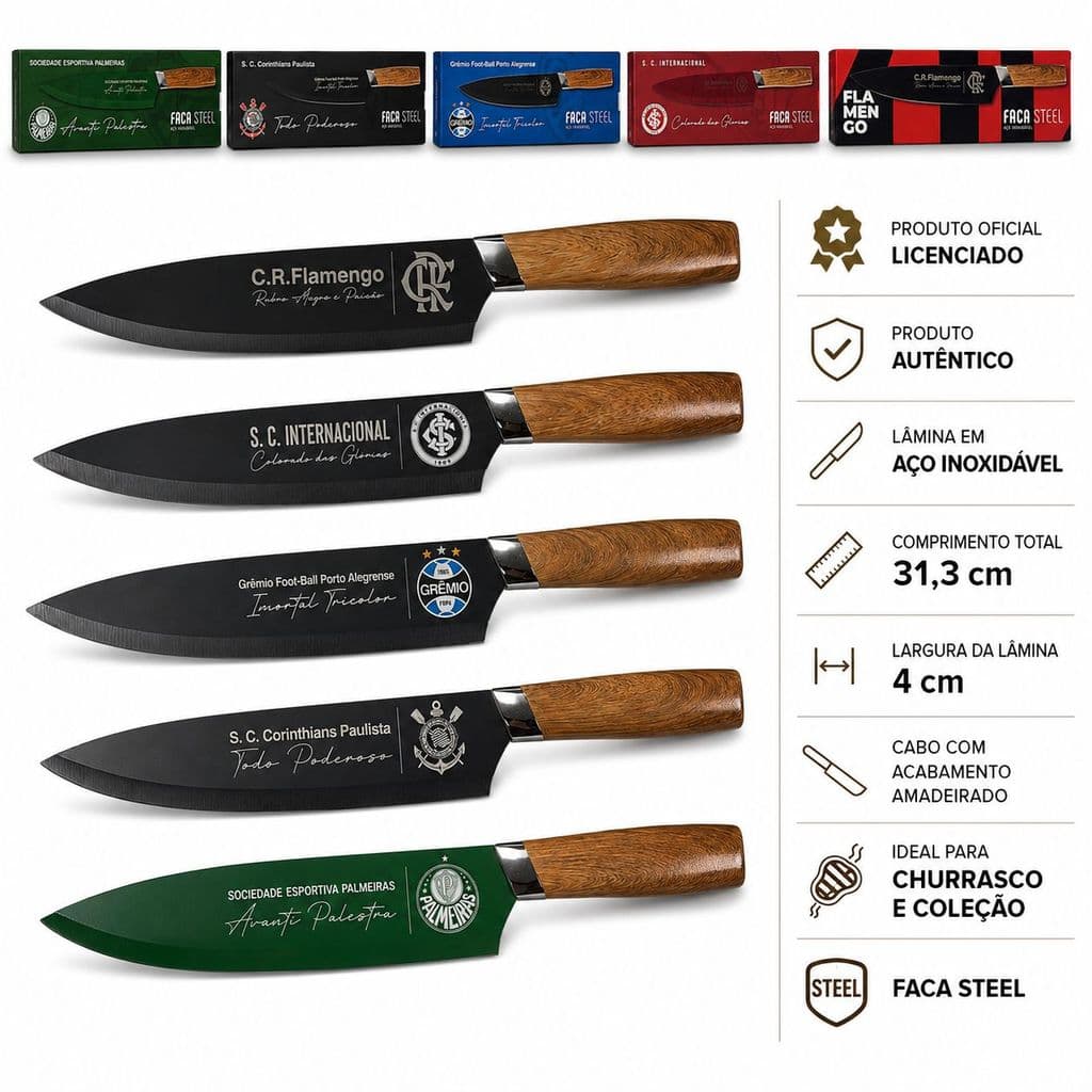 Faca Steel Flamengo Corinthians Palmeiras Grêmio Internacional Licenciada Aço Inox Caixa Personalizada Time