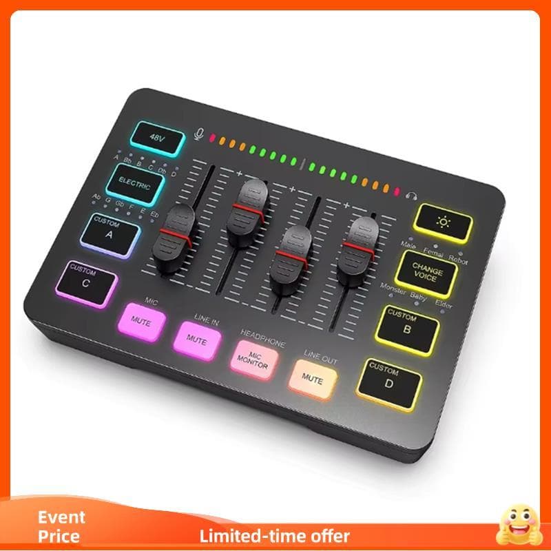 Mixer De Áudio Para Jogos RGB Streaming De 4 Canais Com Interface De Microfone XLR , Podcast Voz De