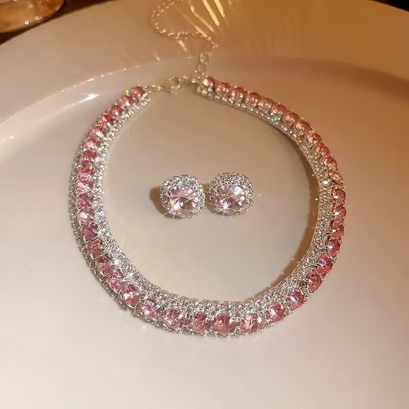 Colar De Cristal De Luxo Conjunto De Brincos Rosa ABcolourful Necklace for Women Weddings Party Jewelry Sets Acessórios