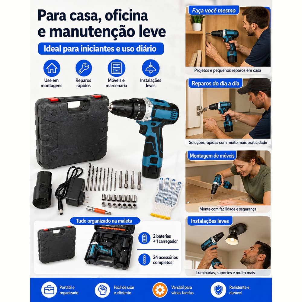 Furadeira Parafusadeira de Impacto 18V Sem Fio 3 Baterias 24 Peças Maleta Plástica Casa Oficina