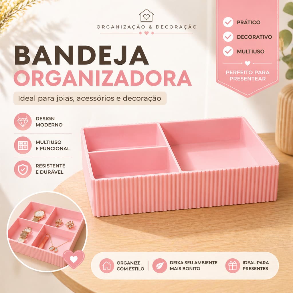 Bandeja Organizadora Multiuso com Divisórias Porta Joias Maquiagem Acessórios Decorativa Rosa