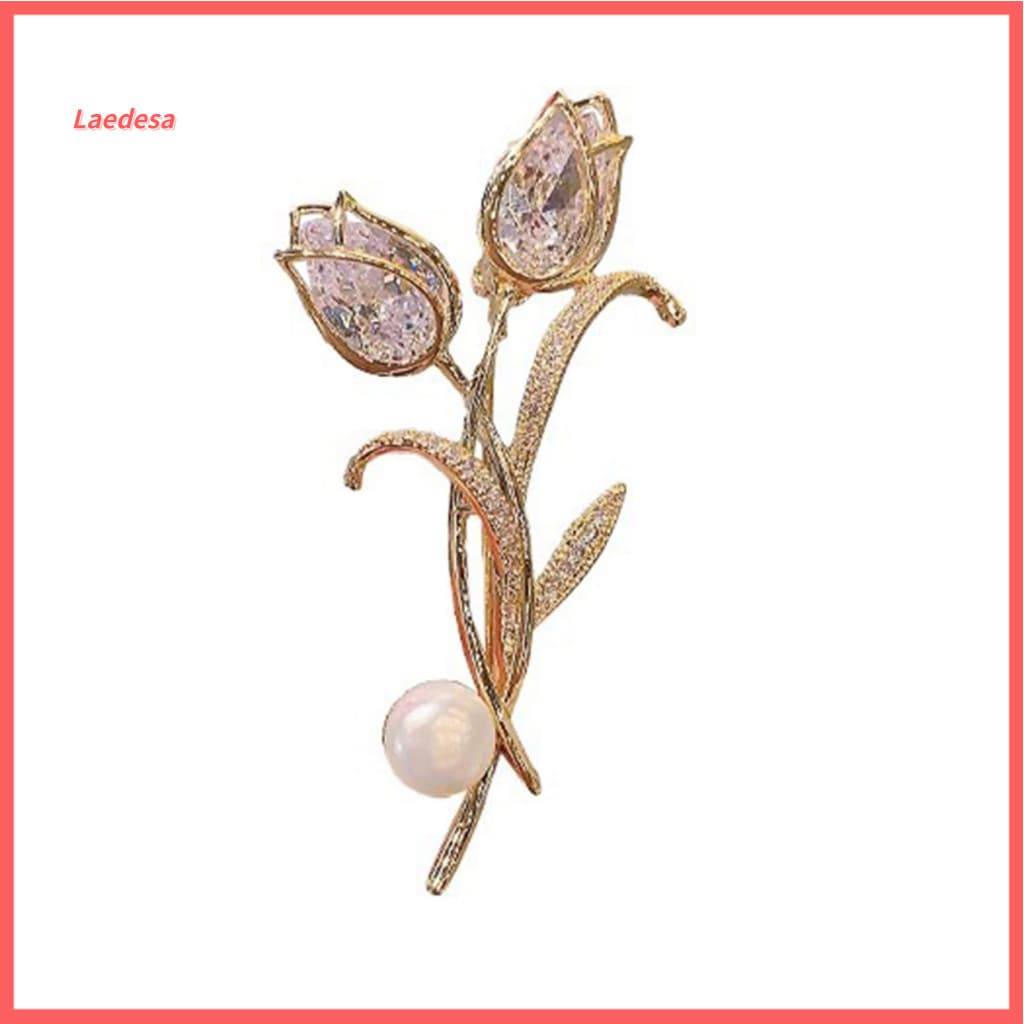 Flower Brooch Pin Elegant Women’s Tulip with Sparkling Cubic Zirconia and Imitation Pearl – Stylish Lapel Sweater Sc
