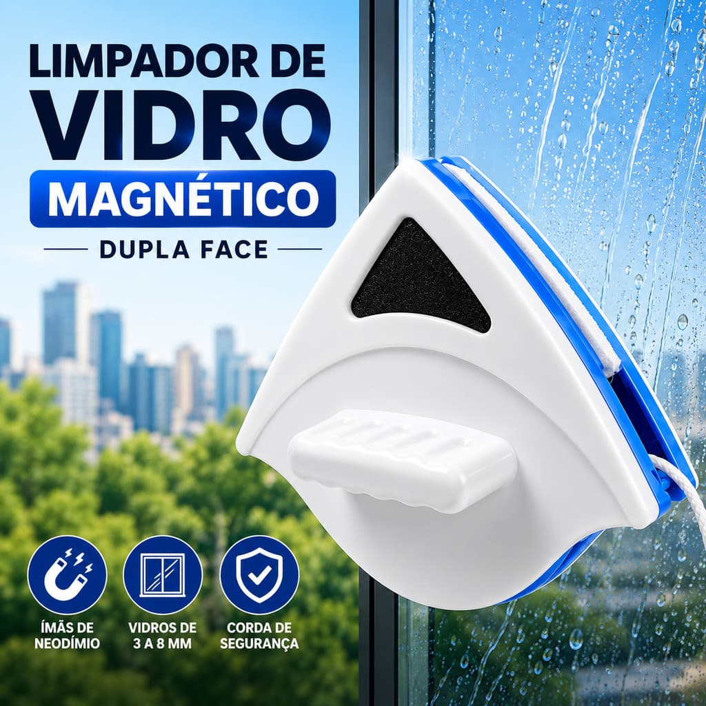 Limpa Vidro Magnético Dupla Face 3 a 8mm Para Janela com Corda de Segurança