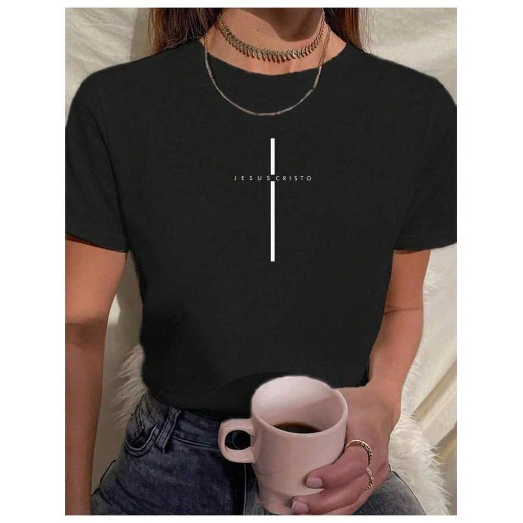 Camiseta Feminina Cruz Com Escrita Jesus Cristo Religião 100% Algodão Varias Cores