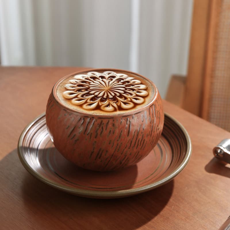 Retro casca de coco padrão cerâmica xícara de café doméstico nicho latte latte copo criativo ovo copo chá da tarde pires