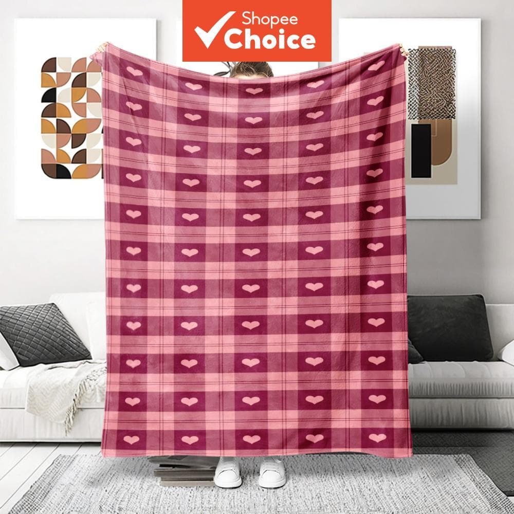 Manta de Flanela com Estampa de Coração Xadrez – Leve e Macia para Ar Condicionado – Perfeita para Sofá, Carro, Quarto –