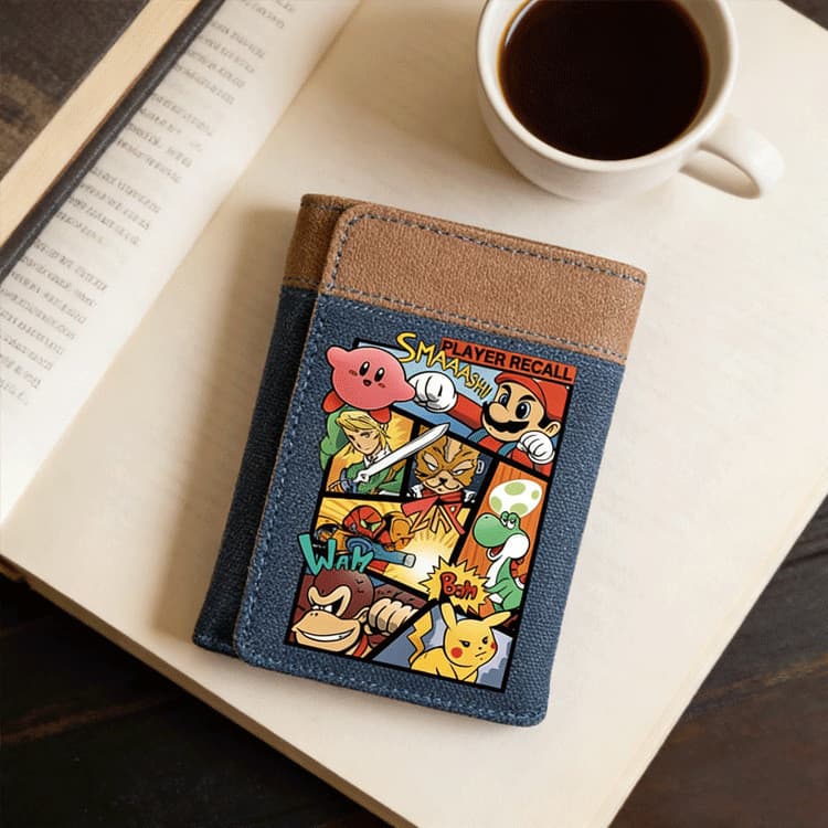 Carteira Curta Jeans Com Colagem De Personagem De Jogo De Desenho Animado , Mini Porta-Cartões Vintage , Bolsa De Moedas