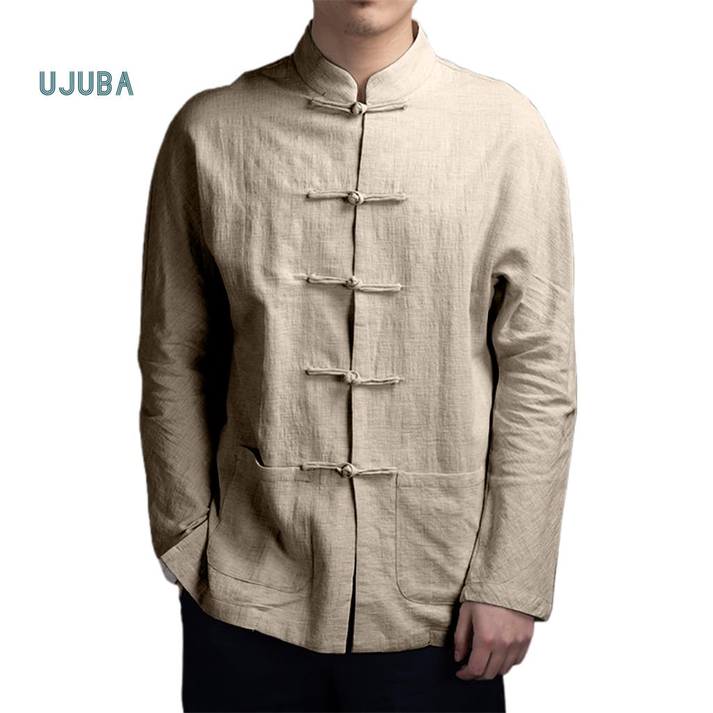 Chinese Retro Style Men Shirt Traditional Kung Fu Men's with Mandarin Collar and Long Sleeves Perfect for Tai Chi