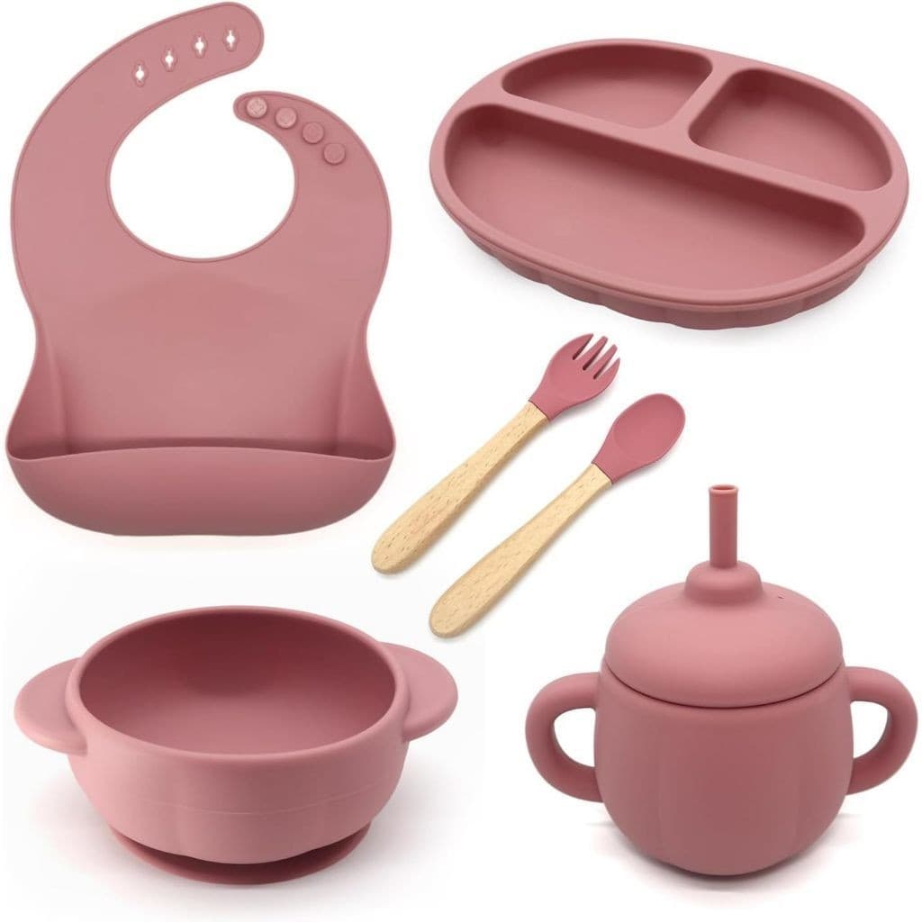 Kit 6 Peça de Alimentação de Bebê  Babador Pratinho Talheres Copo  Silicone
