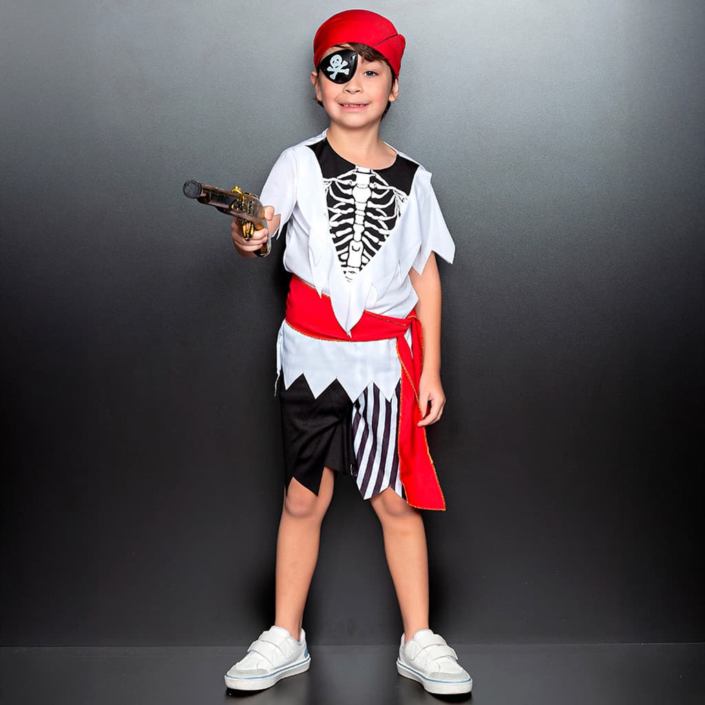Fantasia Pirata Infantil Capitão Gancho Esqueleto + Faixa e Lenço Dia das Crianças Halloween