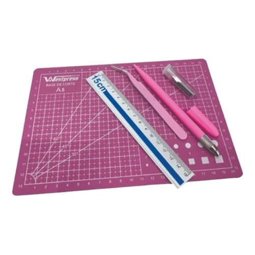 Kit Base de Corte A5 Régua Metal Estilete de Precisão Pinça 15 cm