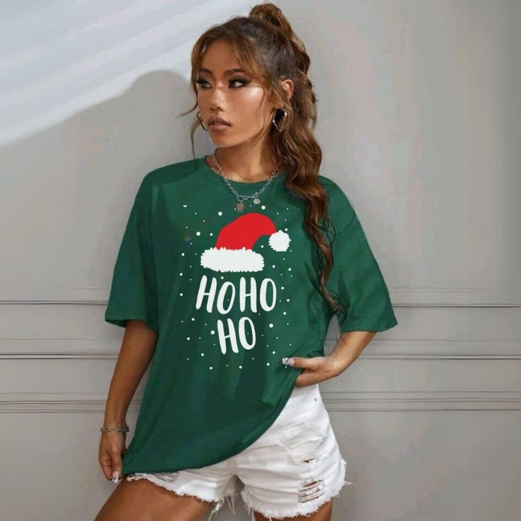 Camiseta Algodão Natal Família Hohoho Gorro Estampa Casual Unissex Conforto Divertida Versátil Festa