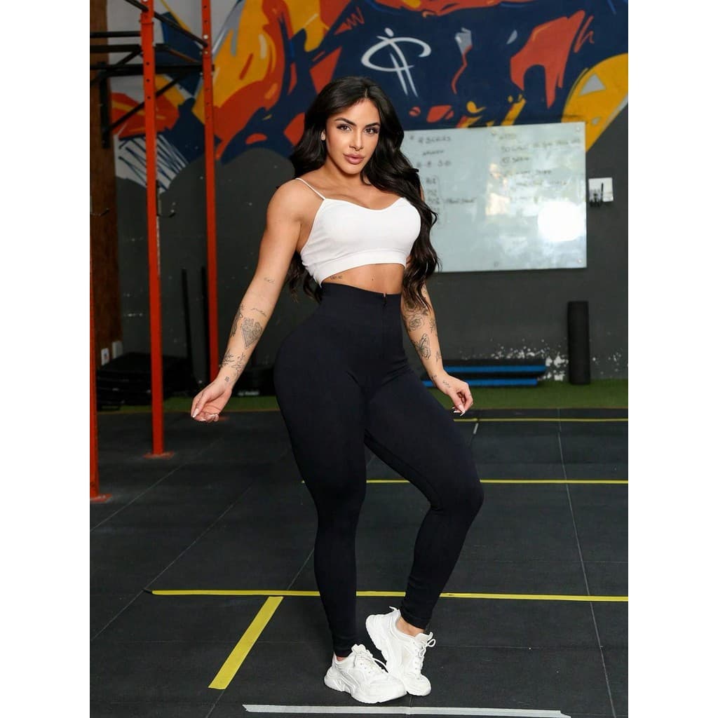 Sport Studio Leggings  Calça Canelada Com zíper modeladoras sem costura de cintura alta em cor sólidaYI-61