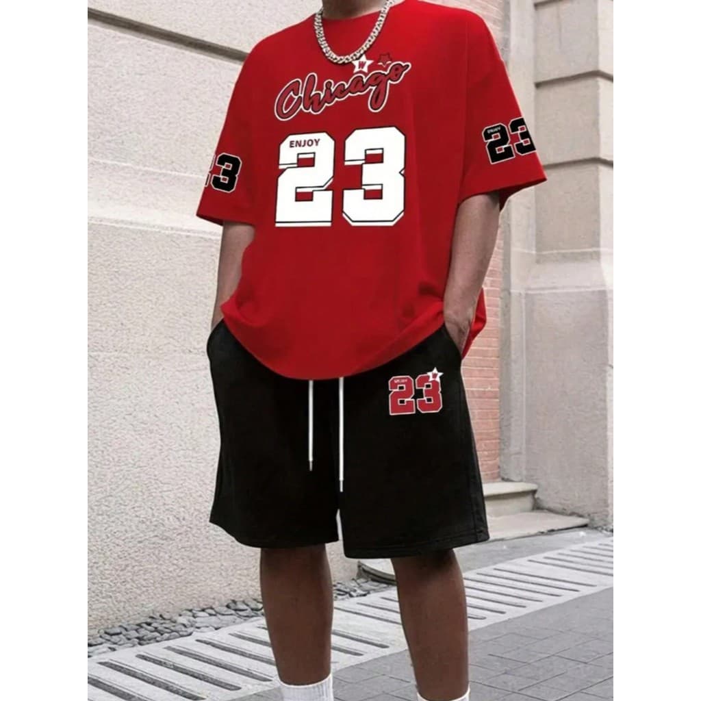 Kit Camiseta e Bermuda de moletom "Chicago 23 Enjoy Vermelho" Estilo Tumblr Moderno - Lançamento ESPECIAL PROMOCIONAL
