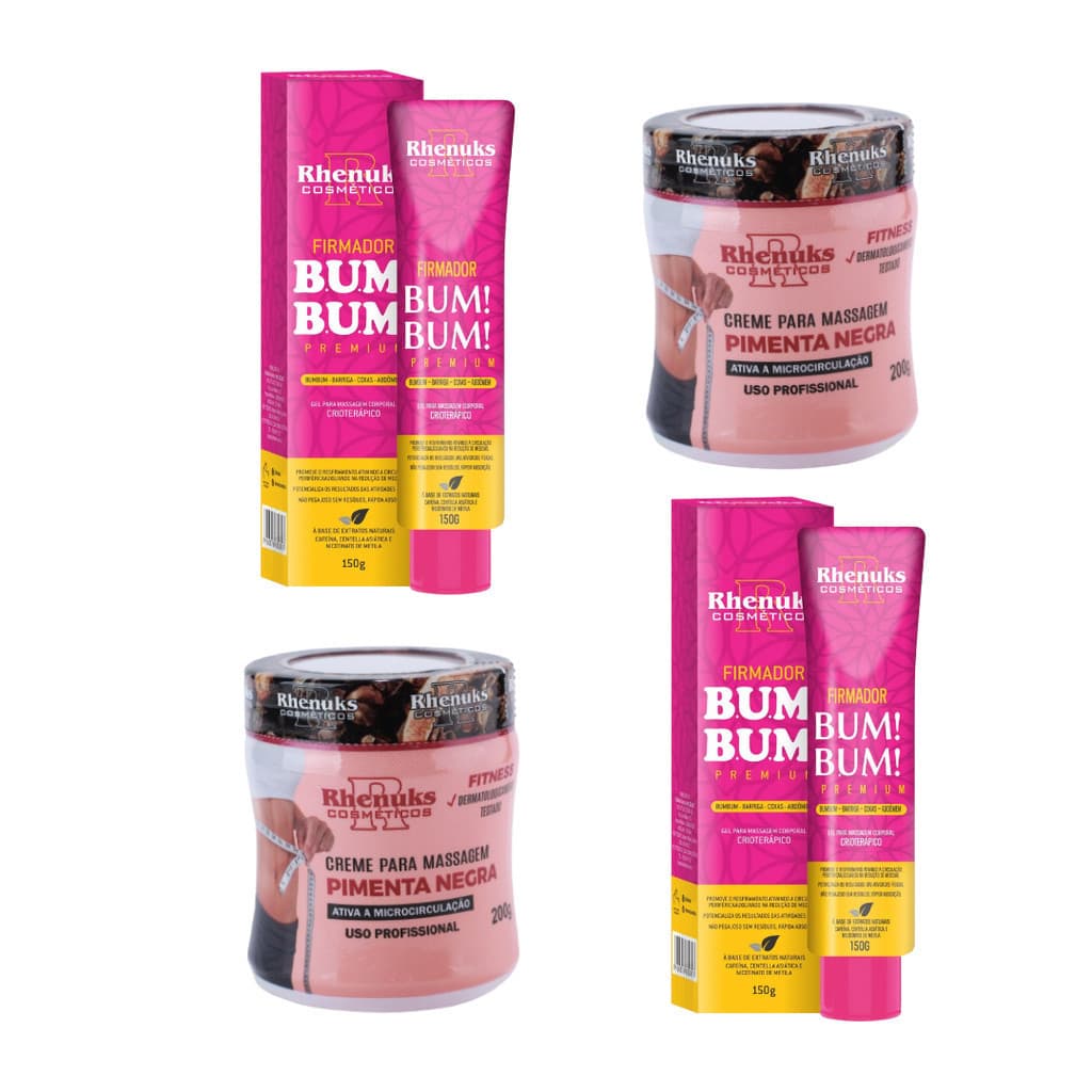 Kit 02 Gel Massageador Redutor de Medidas Corporal Pimenta Negra + 02 Gel Firmador Bumbum Redutor Estrias Celulites