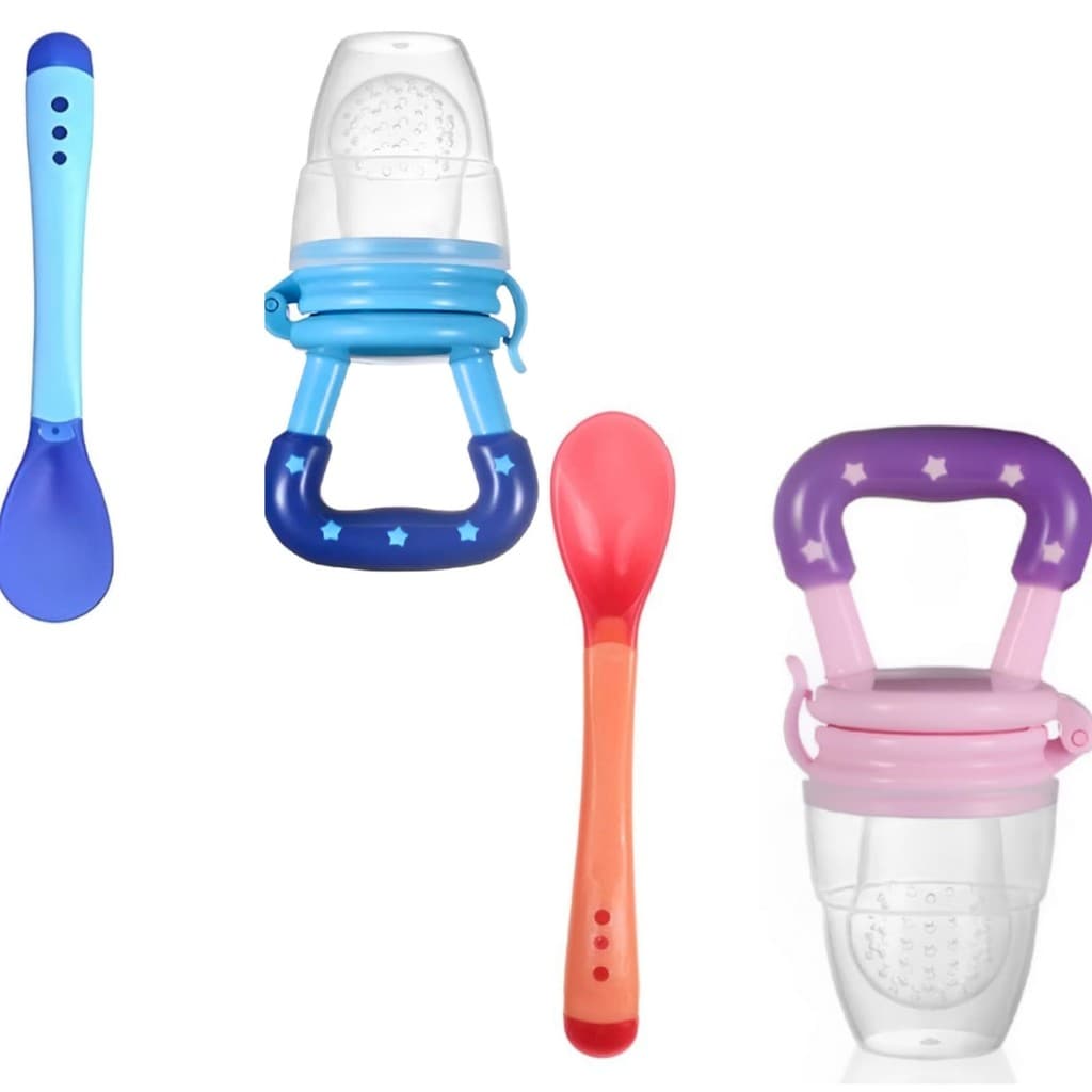 Kit Chupeta Alimentadora Porta Frutas + Colher Termometro Termosensível Recipientes De Comida Do Bebê