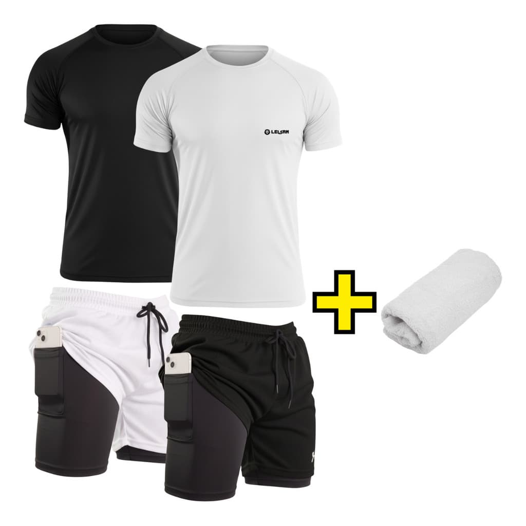 Kit 2 Camisas Térmicas fitness manga curta  + 2 Shorts 2 Em 1 Esportivos + toalha treino  de Brinde