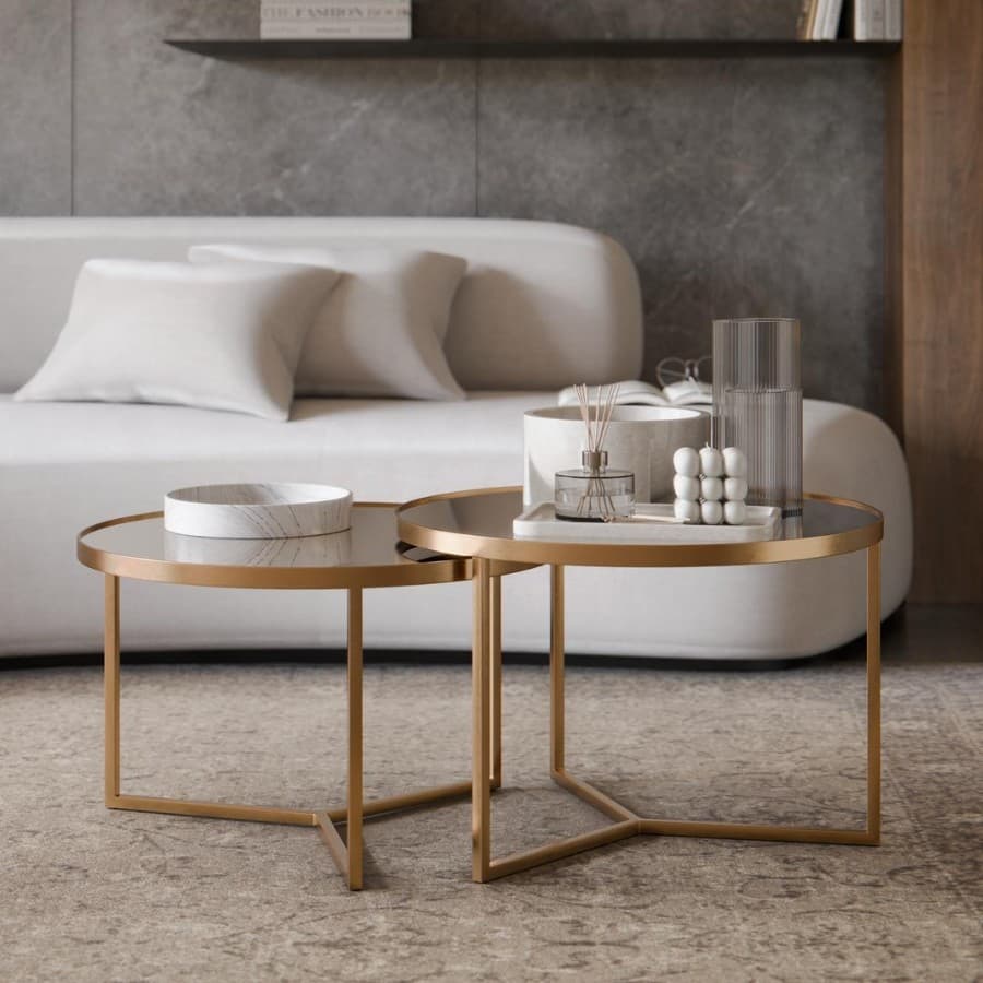 Kit 2 Mesa Mesinha de Centro para Decoração Sala - Metal Dourada Tampo ESPELHADO para Decoração