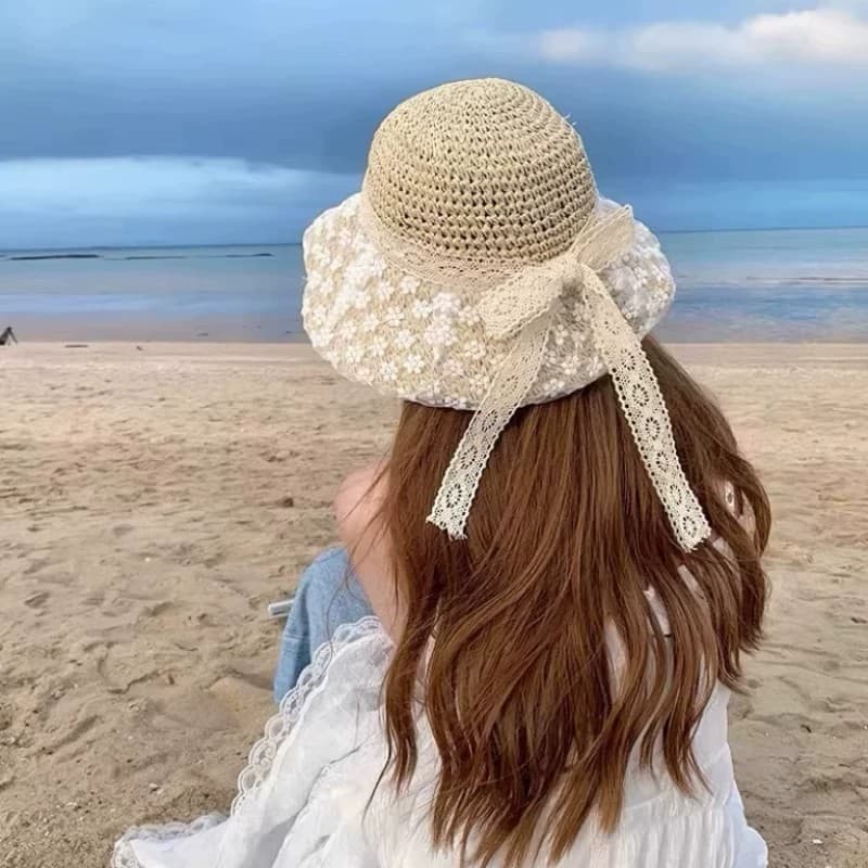 Chapéu de palha feminino novo estilo estilo japonês chapéu de palha de renda fresca verão viagem chapéu de sol aba grand