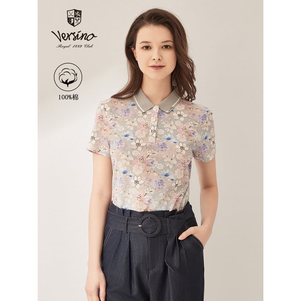 Versino versino Camiseta feminina verão malha Floral série manga curta algodão puro camisa polo Casual