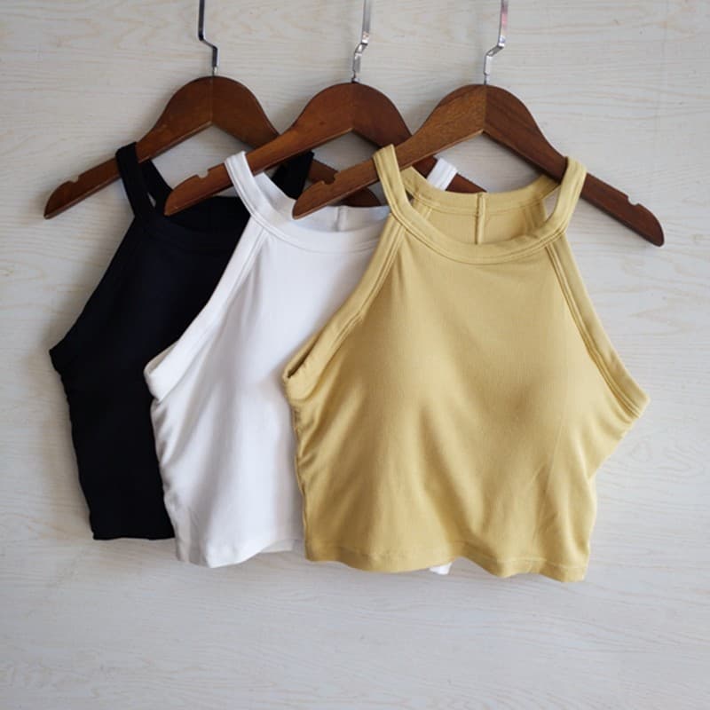 16N Halterneck colete rosqueado curto recortado camiseta feminina roupa interior exterior com almofada no peito copos de