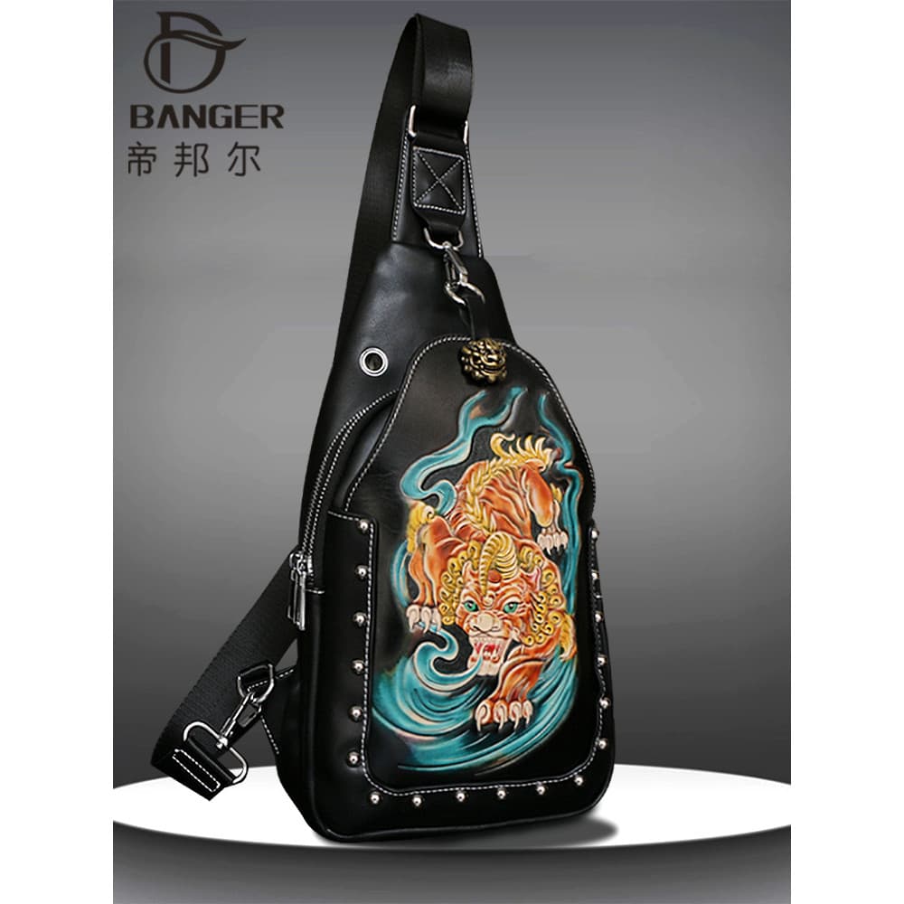 Bolsa de peito masculina de couro genuíno, bolsa mensageiro de primeira camada de couro de grande capacidade, escultura