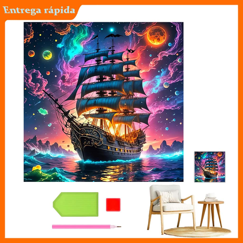"Neon Star Sea Ship" tema Quadrado Diamante Pintura Diamante, tamanho 30x30 cm, aniversário DIY Presente Artesanal