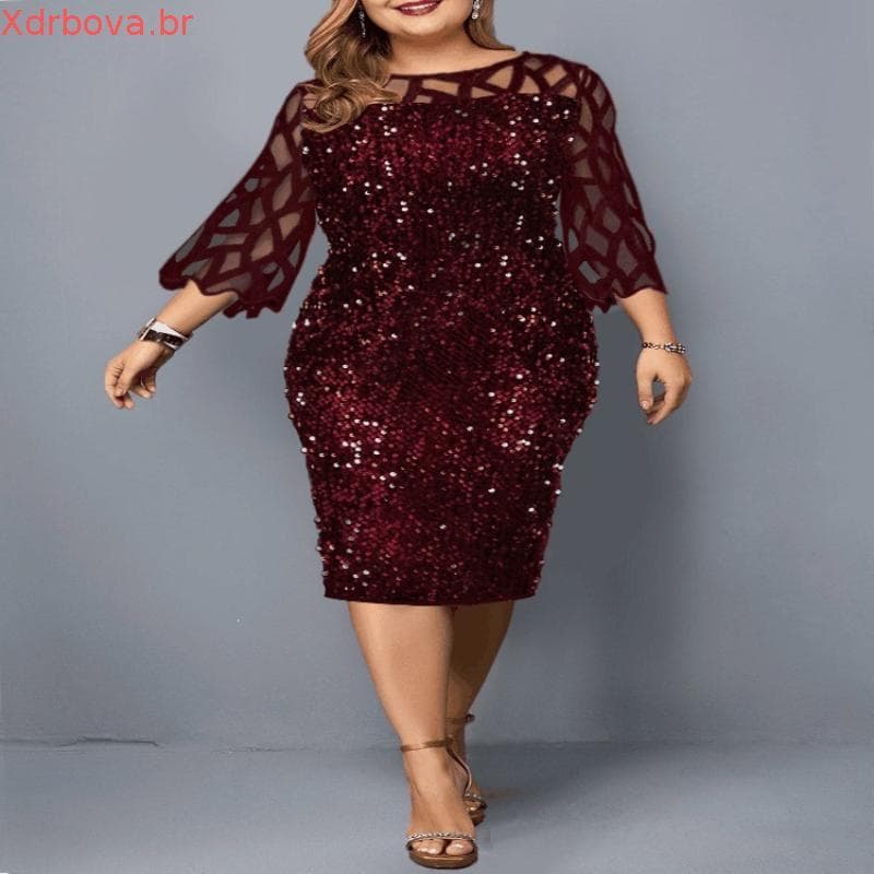 Vestido de festa feminino de manga curta com lantejoulas malha transparente saia lápis Slim Fit Plus Size roupas feminin