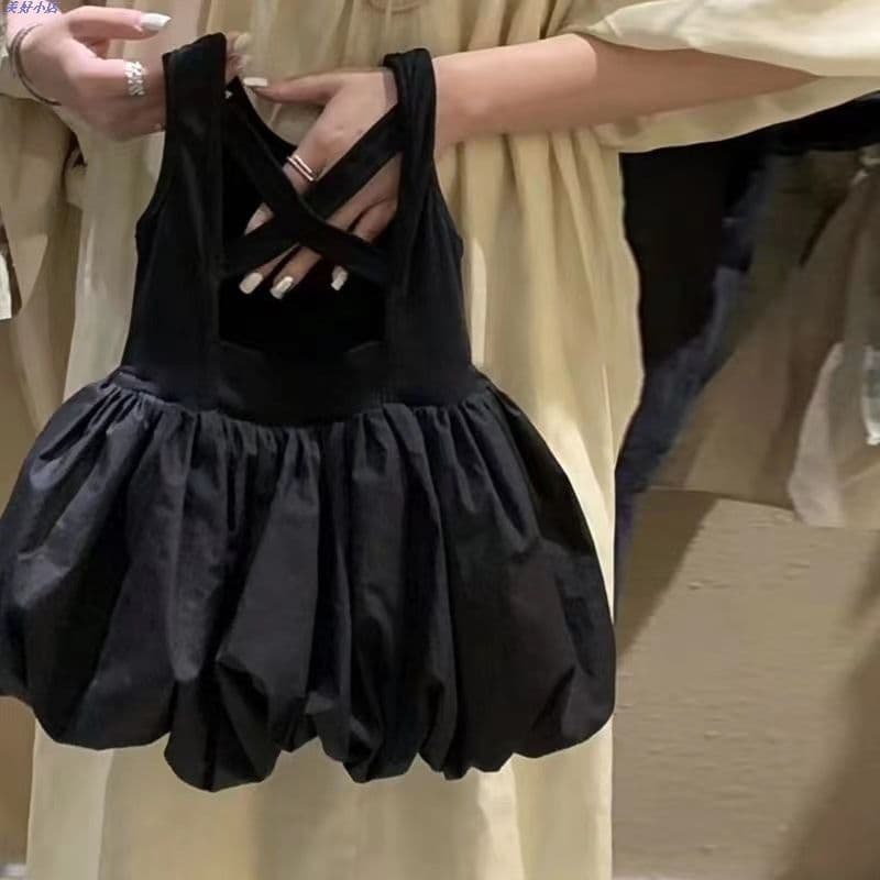 Meninas preto Halter sem mangas vestido crianças meninas bebê Bud saia verão 2025 novo estilo colete vestido de princesa