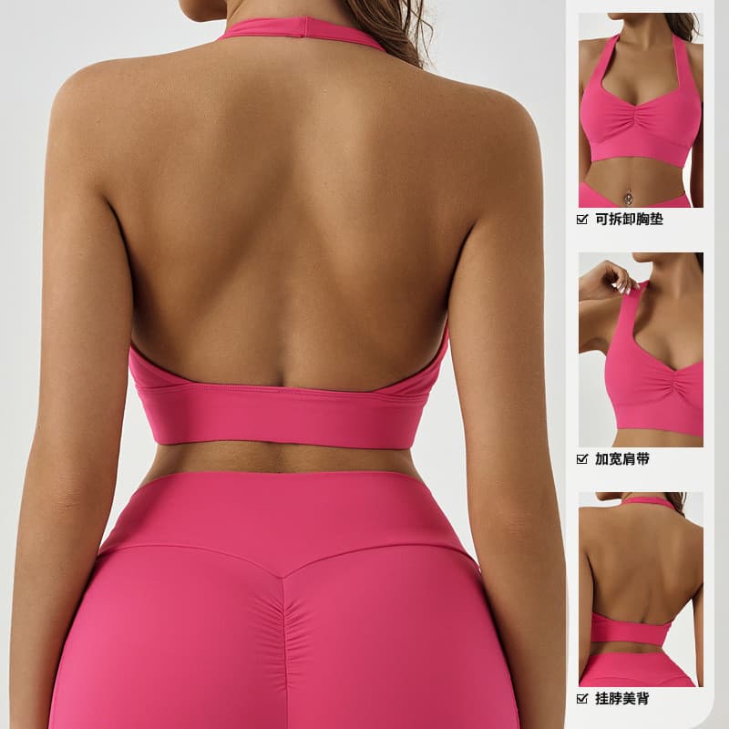Mao's Nude Linda Costas Roupa Interior Esportiva Plissada Corte Baixo Halter Destacável Almofada no Peito Sutiã de Yoga