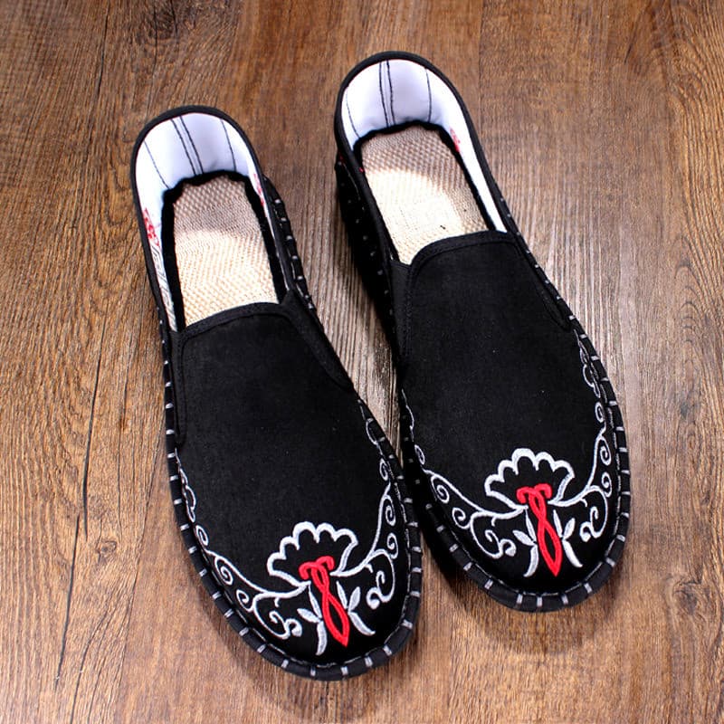 Velho pequim sapatos de pano masculino primavera outono respirável sapatos de trabalho de sola macia bordado estilo chin