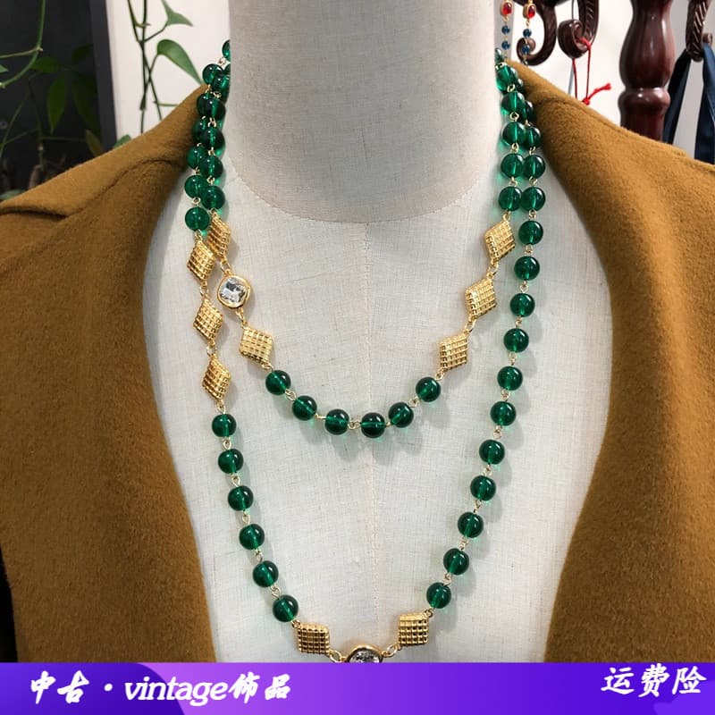 Retro esmeralda azul contas de vidro longo camisola corrente brincos geométrico banhado a ouro colar brinco conjunto nov