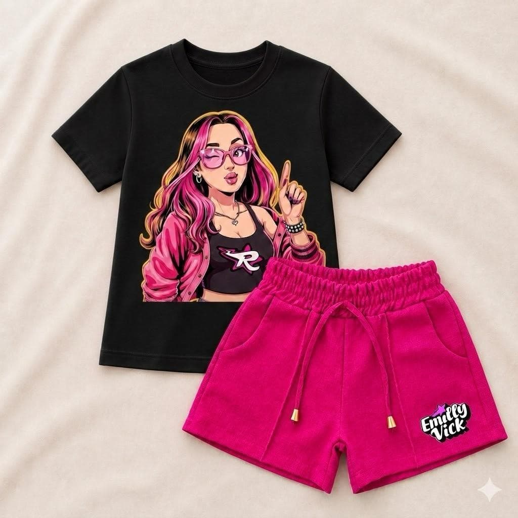 Kit Infantil Feminino Blusa=Short De linho Personalizado/Camisa Emily Vick Modinha/Yotuber Envio Imediato