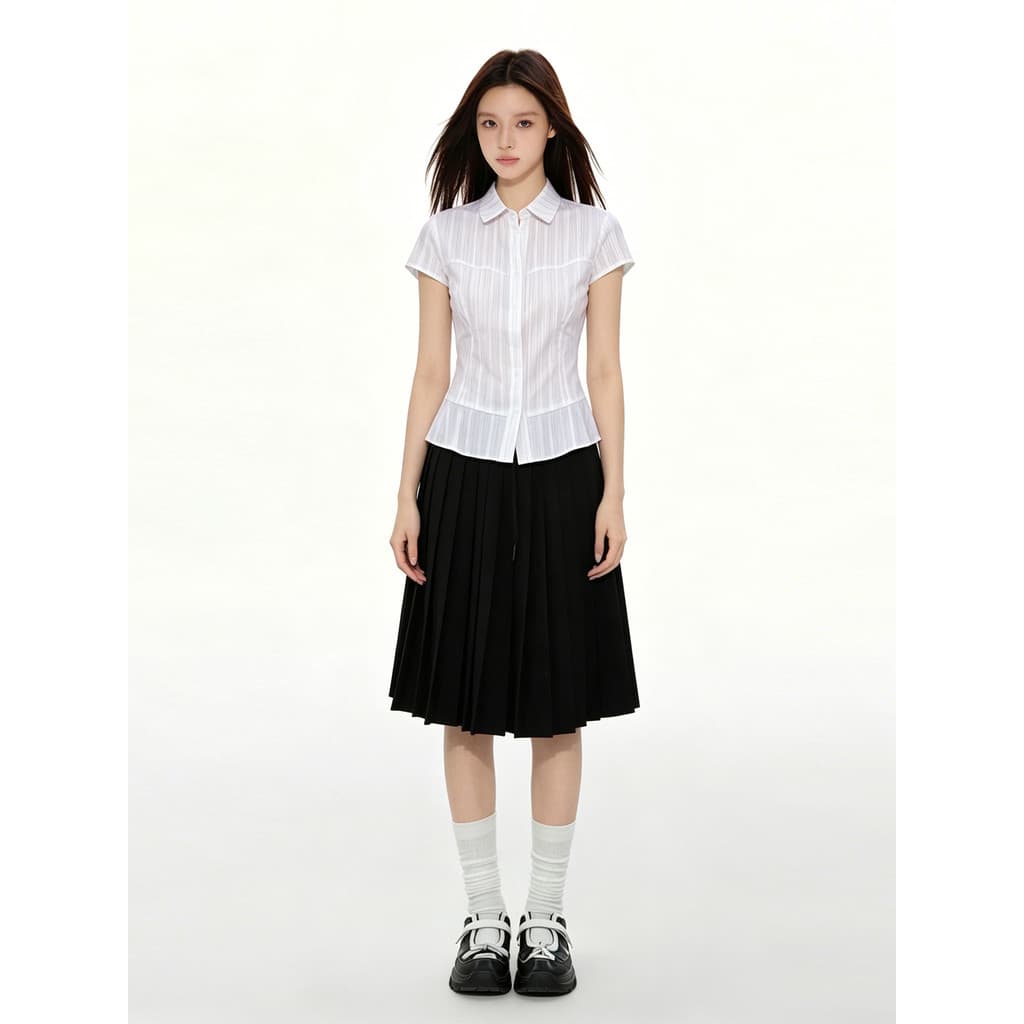 VERUMI estilo Preppy doce listrado camisa de cintura estreita feminina verão a linha plissada saia de meio comprimento t