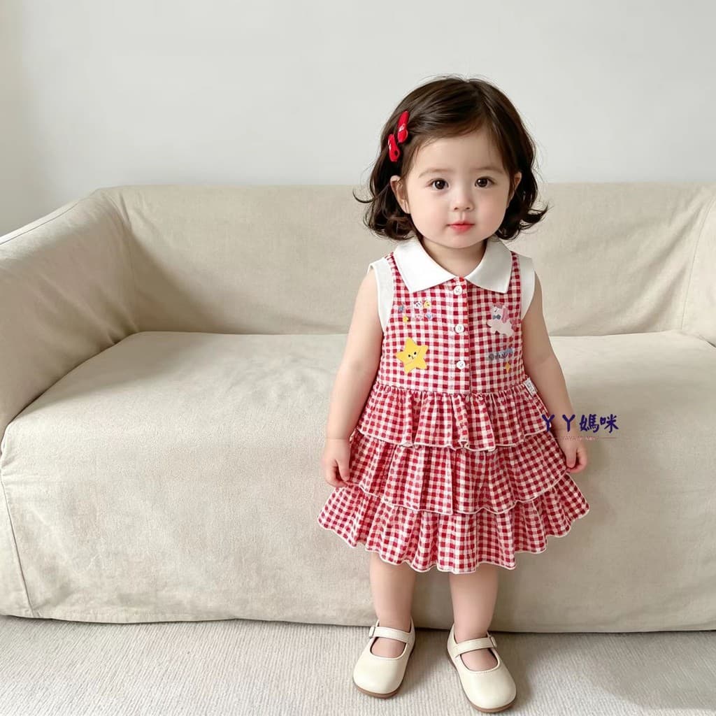 Meninas vestido de verão estilo fino puro algodão xadrez colete vestido de um ano de idade bebê menina aniversário banqu
