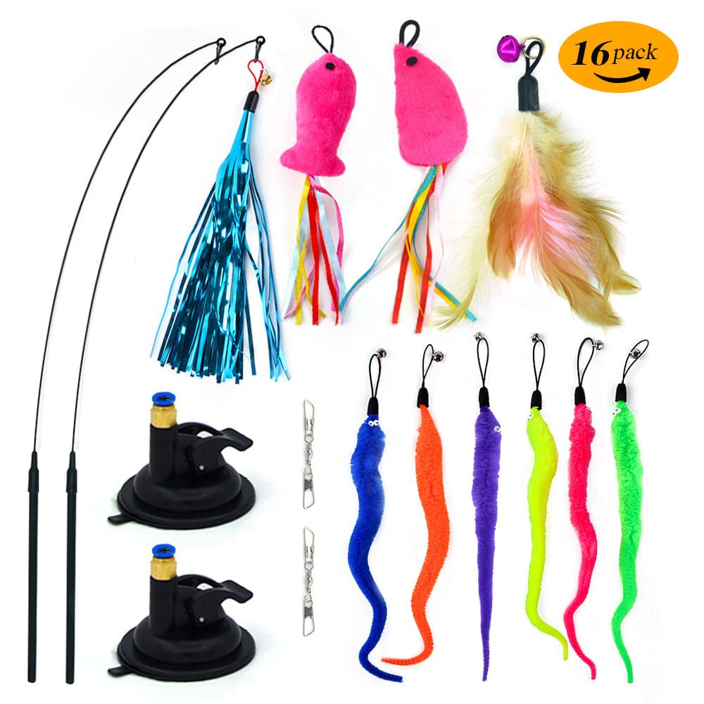 Conjunto de brinquedos para gatos preguiçosos, com cabeça de reposição de penas para entretenimento próprio e varinha co