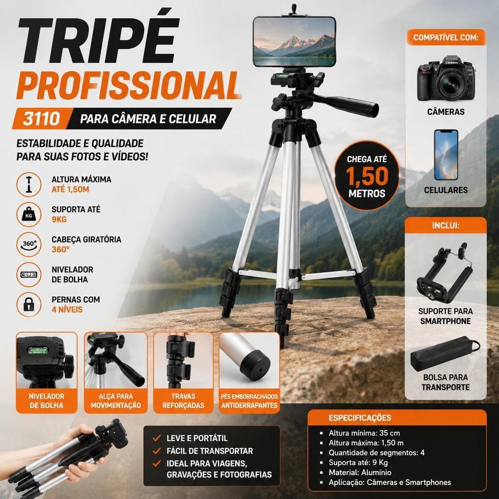 Tripé Profissional 3110 Telescópico 1,05m para Celular e Câmera com Suporte Smartphone e Bolsa