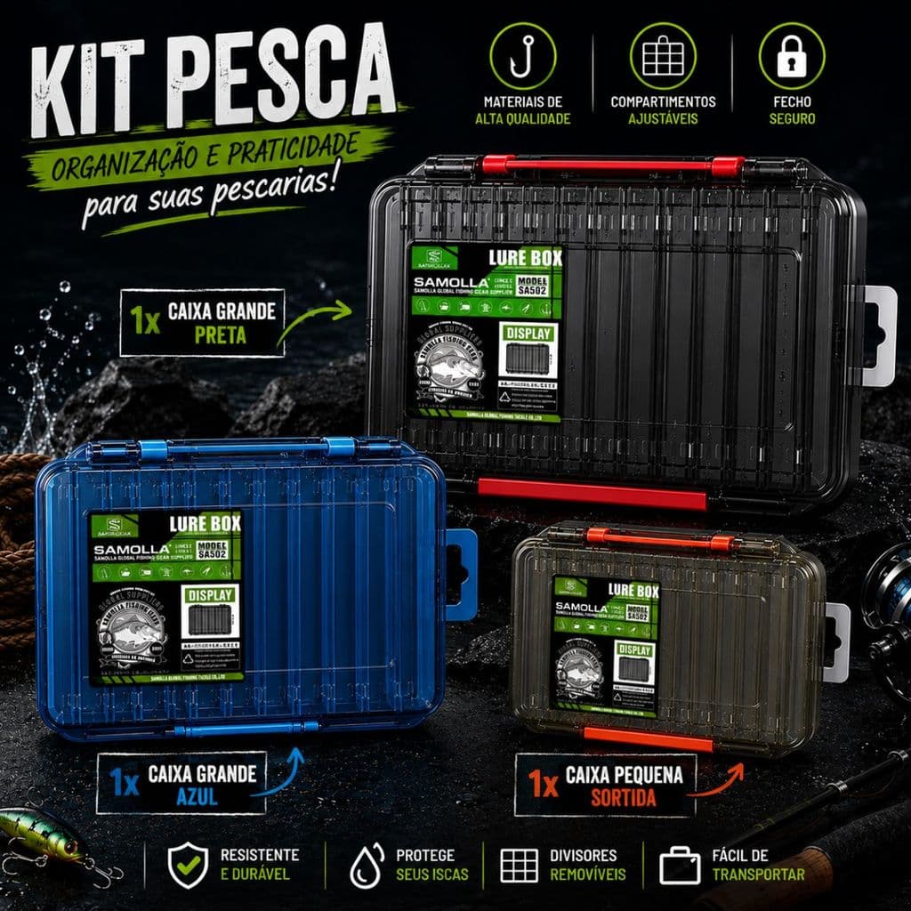 Kit Pesca 3 Caixas Organizadoras para Iscas Artificiais e Anzóis Grande e Pequena Porta Iscas Acessórios Pesca