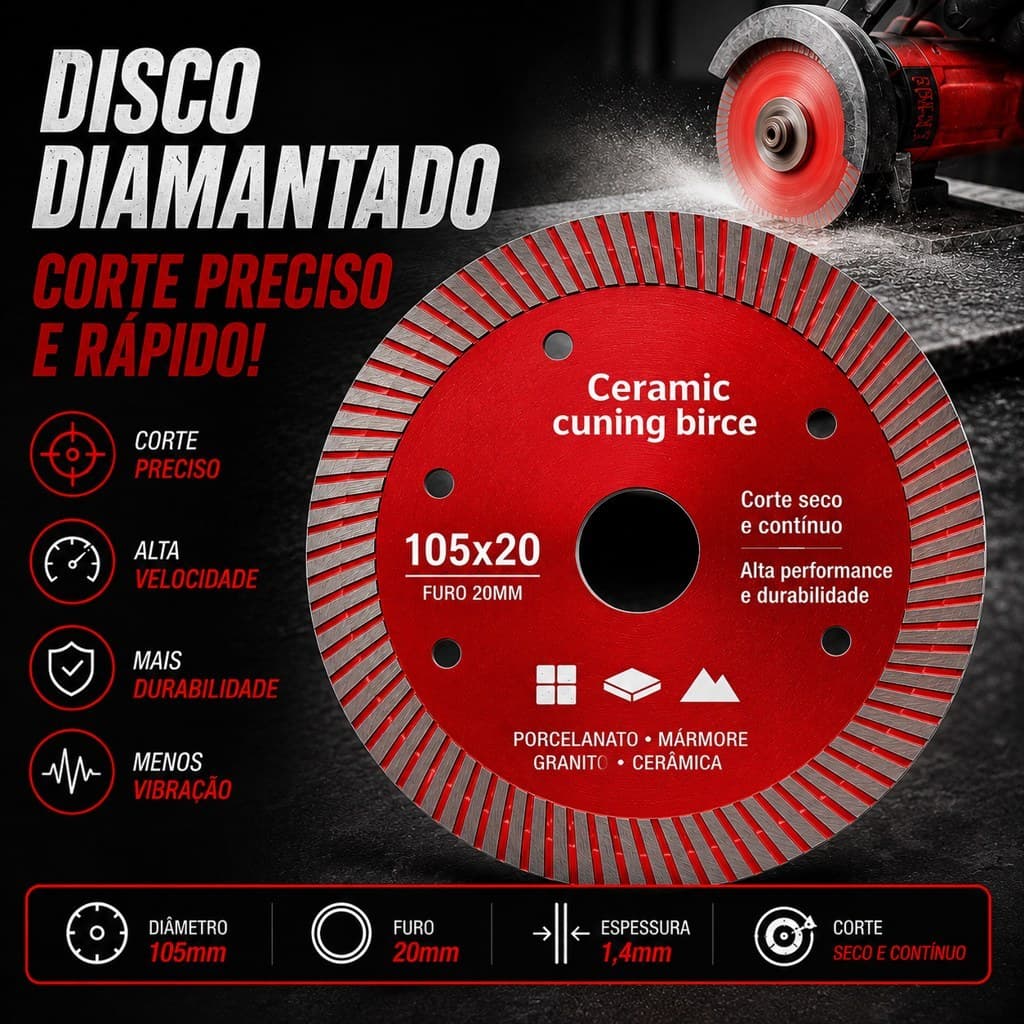 Disco Corte Diamantado Vermelho  Porcelanato 105mm x 20mm Super Fino 1,4mm Kit Com 2 a 5 Unidades