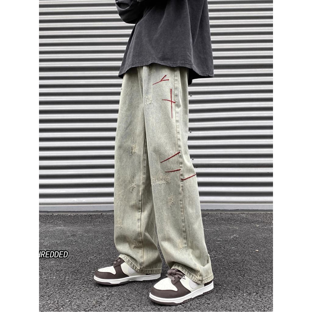 Calças de brim tingidas de lama amarela homens primavera outono street Wear lavado escovado solto calças retas estilo am