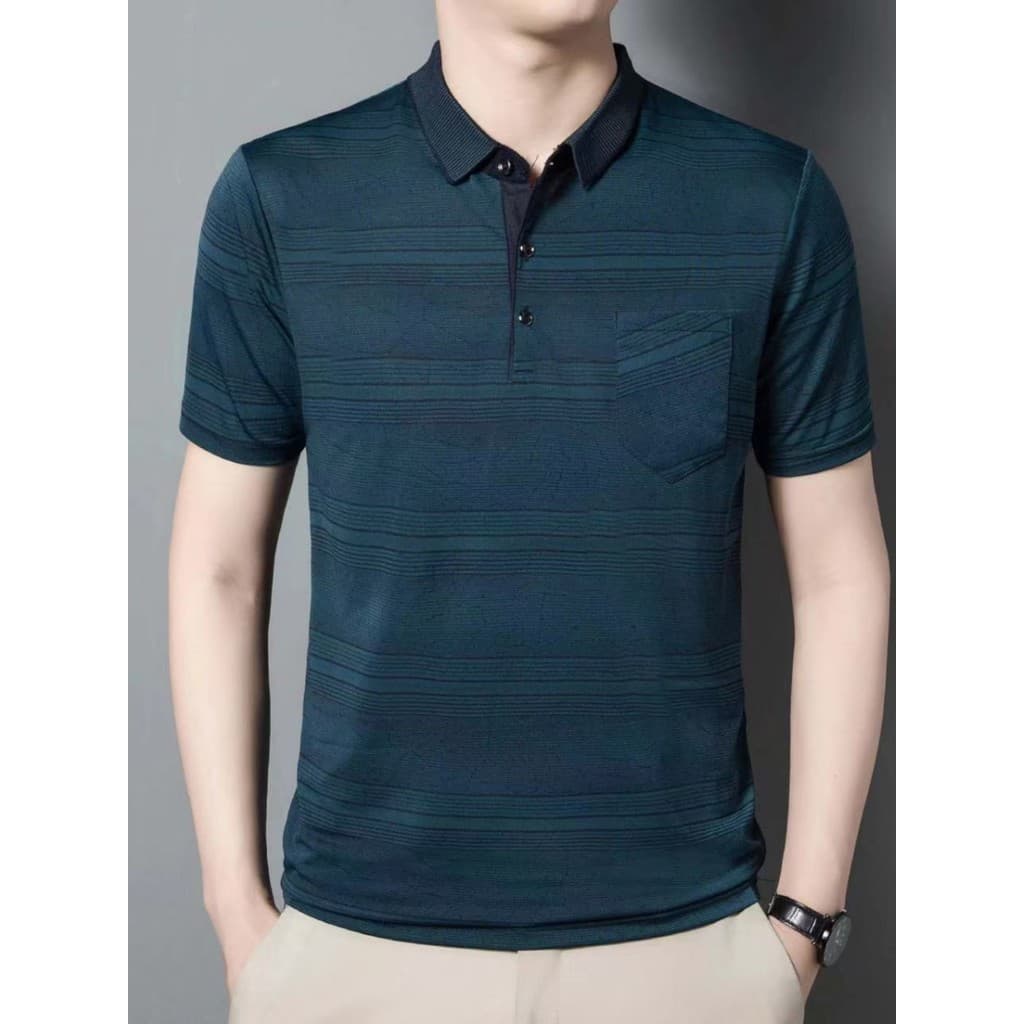 Verão fino masculino Casual lapela gelo seda listrado manga curta camiseta de meia-idade idosos