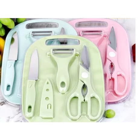 Kit de Utensílios de Cozinha 4 Peças - Faca Tesoura Descascador Tábua Culinária Inox  ANG