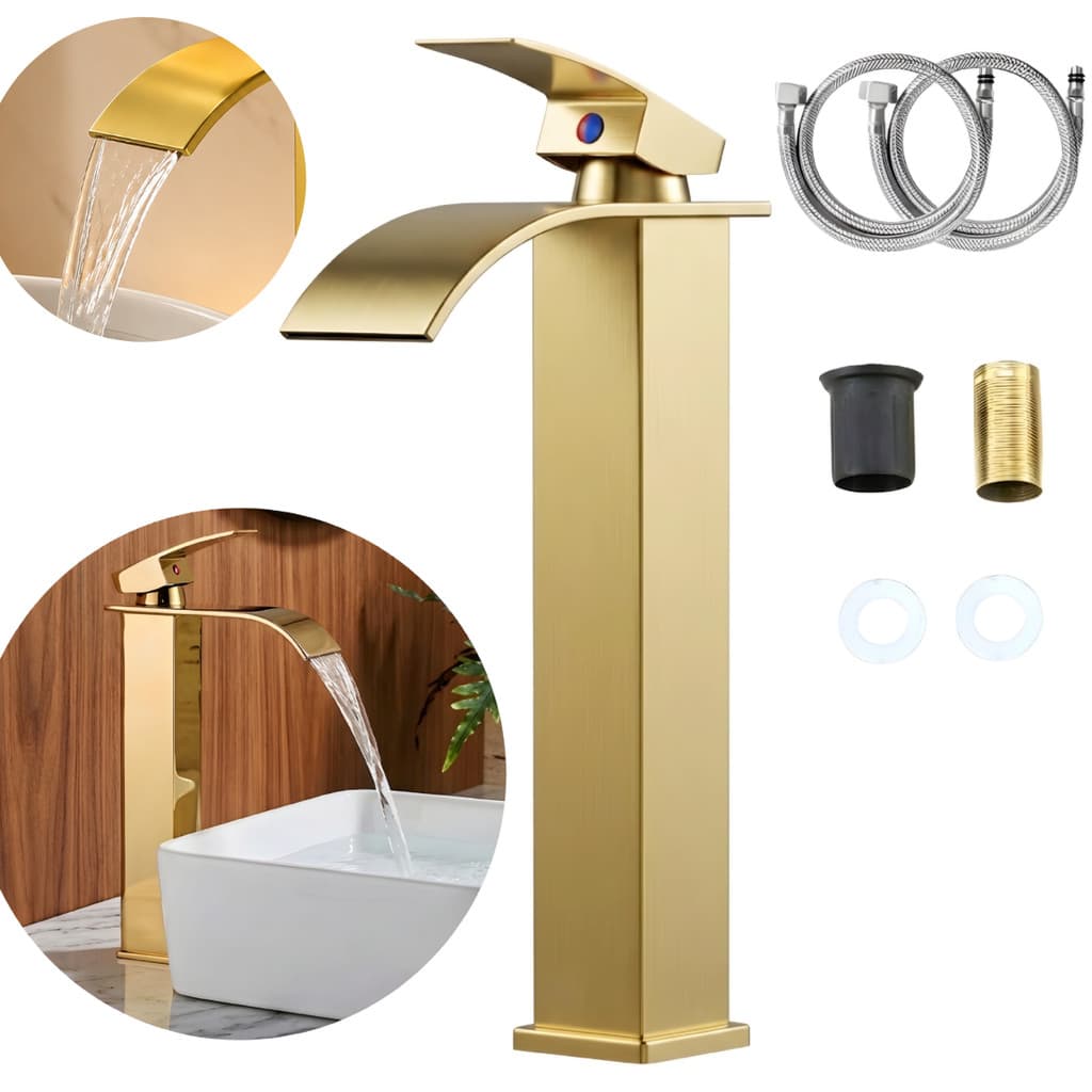 Torneira Cascata Banheiro Bica Alta Lavabo Cuba Inox Dourada Monocomando Agua Quente Fria