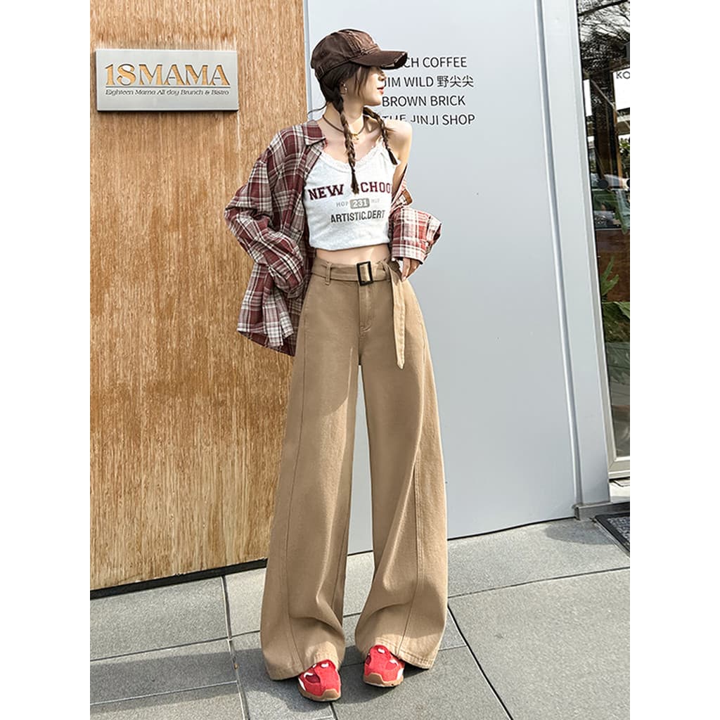 Vfvk cáqui Jeans feminino 2026 verão novo estilo cinto exclusivo macacão reto cintura alta calças largas