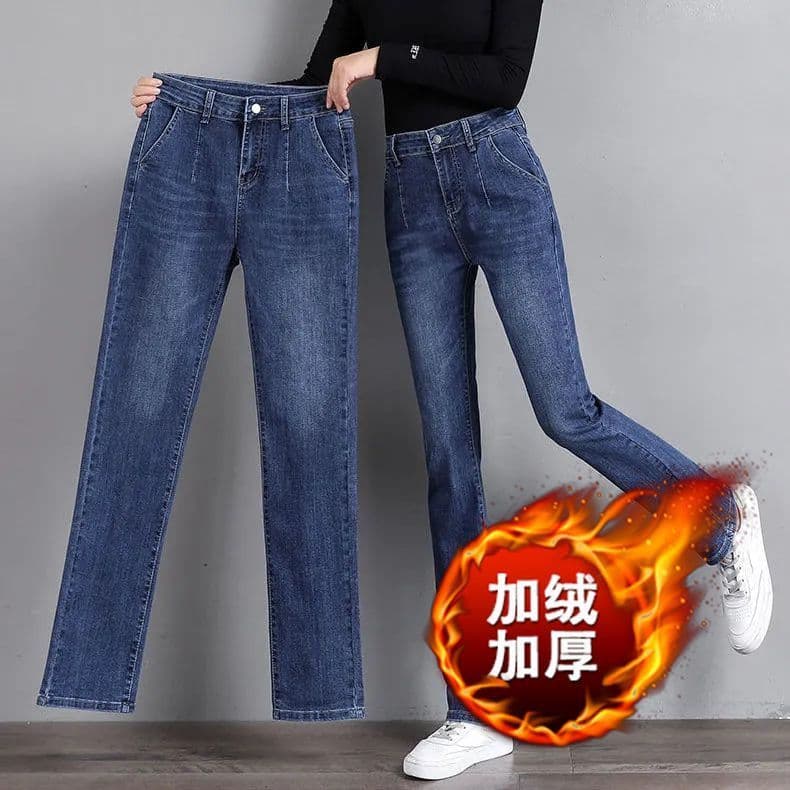 Cintura alta em linha reta velo Plus Size calças de brim femininas outono inverno solto i na moda All-Match feminino na