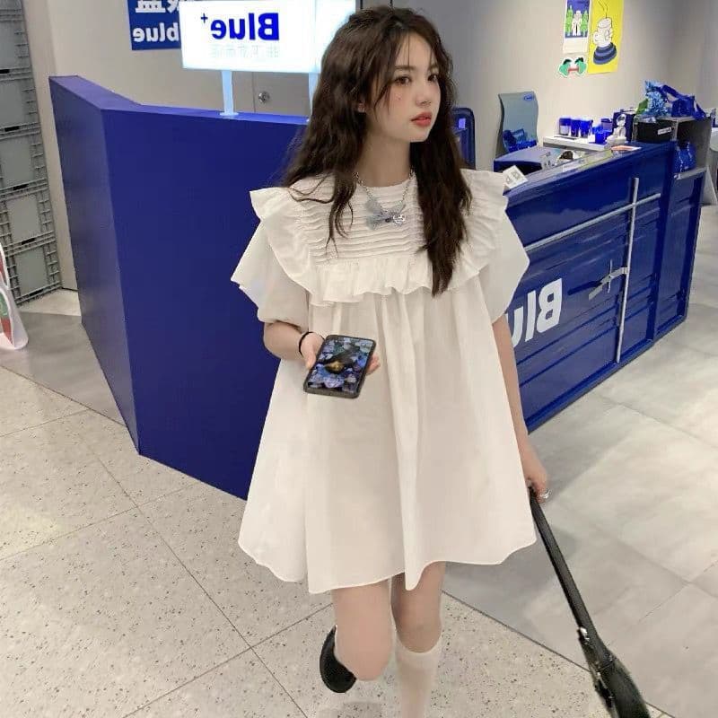 Plus Size feminino verão novo estilo costura pétala manga nicho doce babados Retro elegante vestido solto feminino
