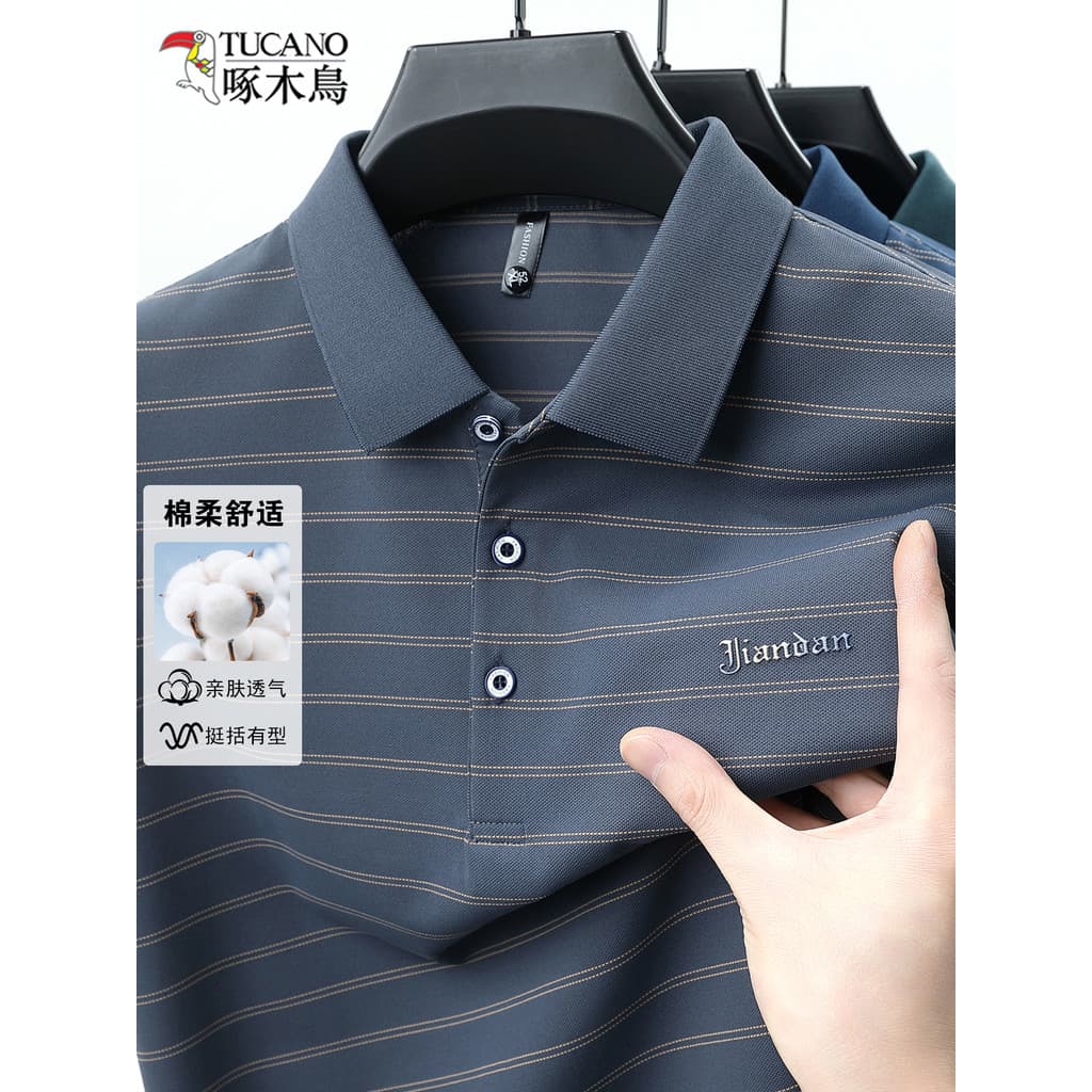 Woodpecker verão masculino lapela de manga curta de meia-idade negócios Casual listrado gelo seda pai usar camisa POLO m
