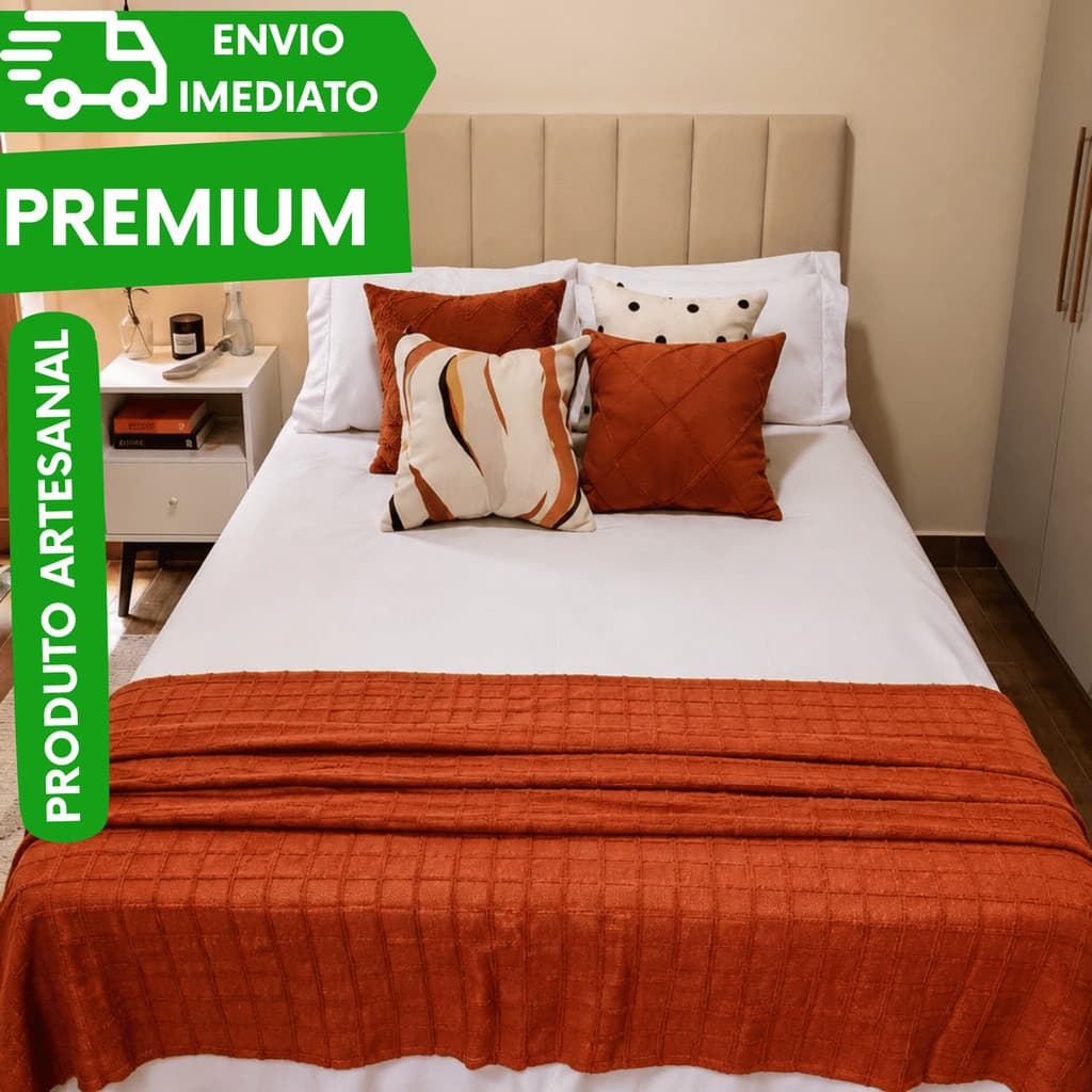 kit 2 Manta Para Sofá E Peseira De Cama Terracota  Detalhe Em Quadriculado 1,20X1.80