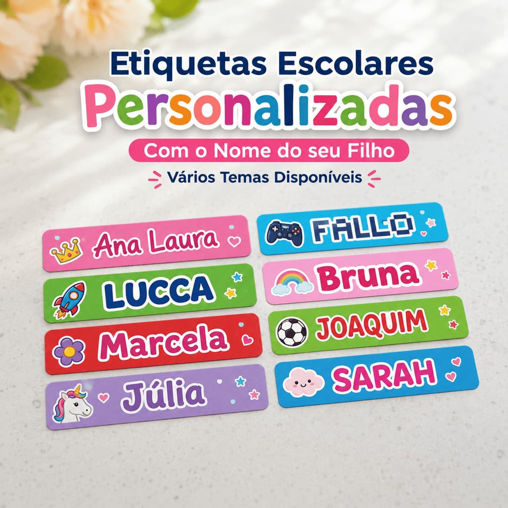 100 Etiquetas Escolares Personalizadas em Vinil com Nome Adesivas Resistentes à Água para Cadernos e Mochilas