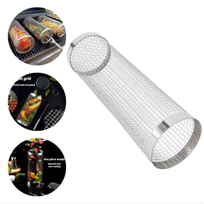 Grelha De Churrasco Cesto Cilindro Inox Assar Legumes Alimentos